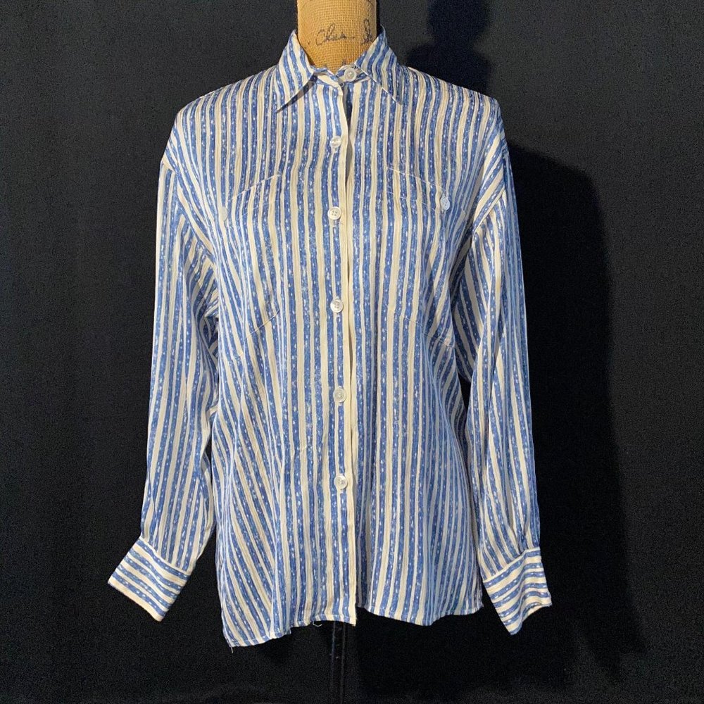 VTG Bloomingdales Anne Klein SMALL Silky Top Button Shirt Stripe Blue Long Sl
